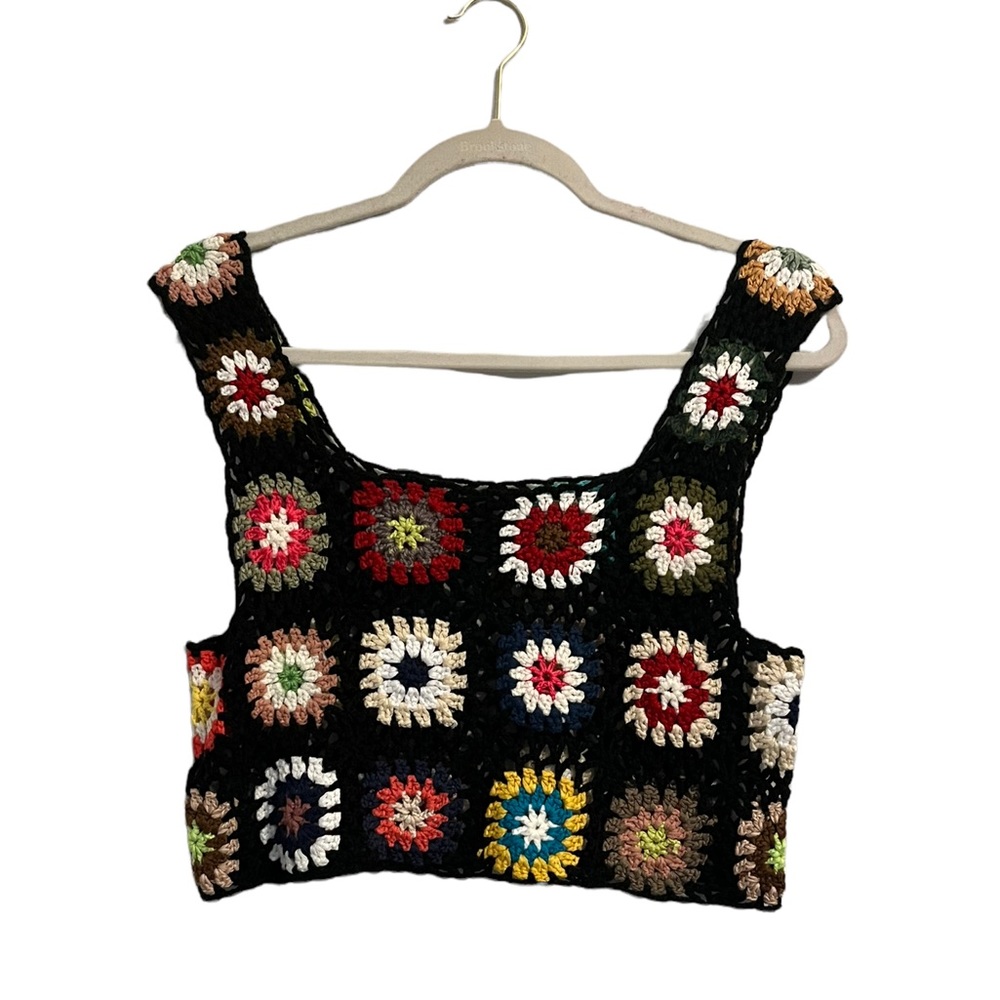 Cropped Granny Square Open Knit Square Neck Tank Top M